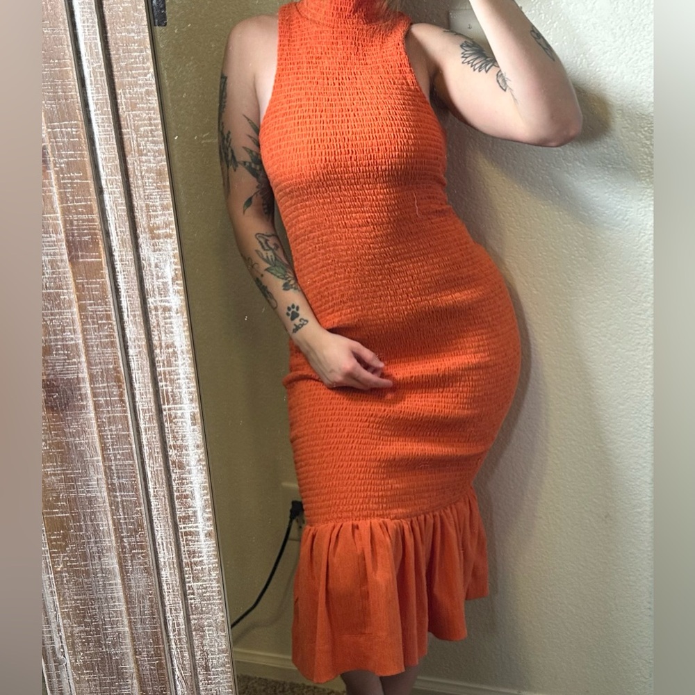 Anthropologie Textured Smocked Mock Neck MIDI Dress with Ruffle Hem -Rust Orange
